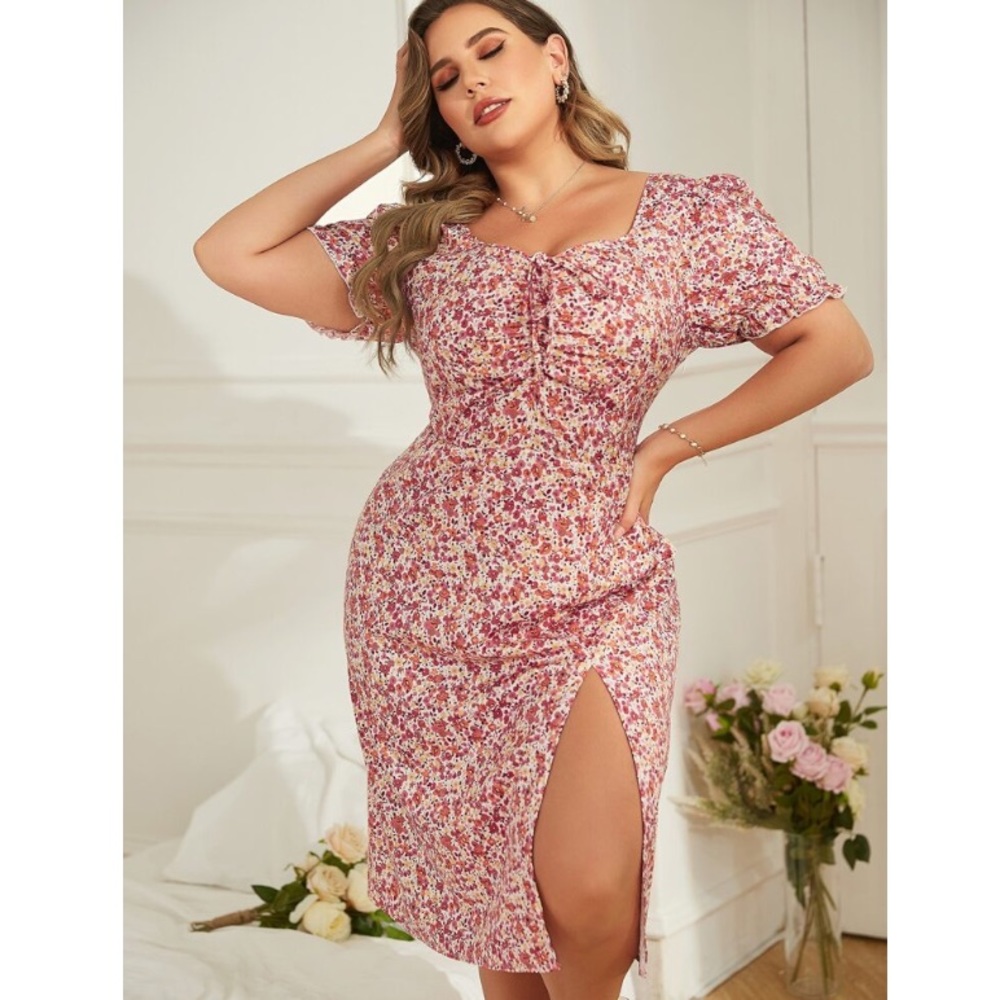 Ditsy Floral Ruched Bust Split Thigh Puff Sleeve Dress New in Bag VALENTINES DAY